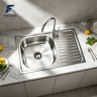 Évier de buanderie économique monobloc en acier inoxydable brossé de qualité alimentaire 750x400mm, cuve unique avec égouttoir anti-condensation