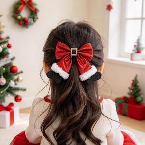 Barrettes de Noël Père Noël avec nœud rouge pailleté et épingles à cheveux en peluche en forme de botte noire pour filles et enfants, accessoires de coiffure pour fêtes de Noël - Product Image 1