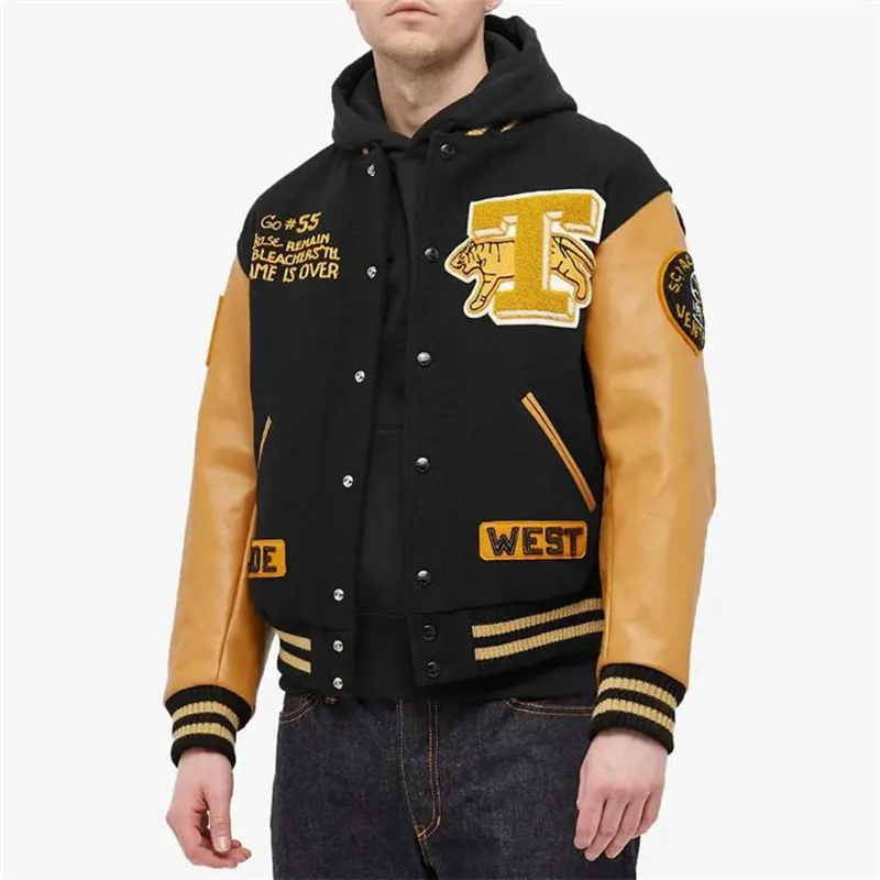 Wholesale Premium Sports Winter Custom Logo Jacket Men's Workout Embroidery Jackets Coat Men leather sleeve Sportswear Jacket