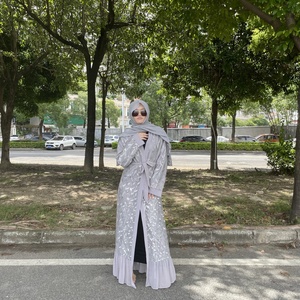 1711# Modest Navy Open Abaya With <b>Sequins</b> Long Sleeve Chiffon Cardigan Islamic Muslim Abayas for Women - Product Image 6