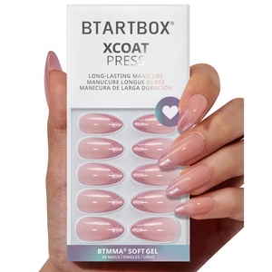 Btartbox เล็บปลอมสีอัลมอนด์ขนาดกลางสุดหรูแบบเจลสีชมพูแบบมีตาแบบกดปลายเล็บแบบฝรั่งเศสสำหรับฤดูหนาว - Product Image 1