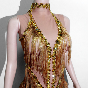 Justaucorps Scintillant Doré à Franges de Strass Lourds pour Spectacle Scénique, Showgirl, Diva, Drag Queen, Célébration - Product Image 6
