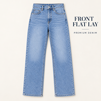 Jean droit jacquard délavé clair pour femme, taille haute, longueur cheville, avec poches, idéal pour le shopping et le style urbain