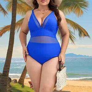 Women Plus Size 1 Piece Swimsuit V Neck Mesh Sheer Tummy Control Bathing Suit With Adjustable Wide Straps