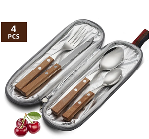 Ensemble de couverts réutilisables en acier inoxydable avec manche en bois pour le camping, comprenant cuillères, fourchettes et couteaux - Product Image 1