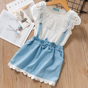 เสื้อผ้าเด็กขายส่ง เสื้อลูกไม้สีขาวและกระโปรงสายเดี่ยว ชุดลำลองสำหรับเด็กผู้หญิง - Product Image 1