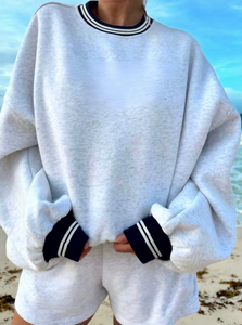 Oversized White Cotton Crewneck <b>Sweatshirt</b> with <b>Pink</b> Striped Cuffs and Hem Unisex Pullover Spring Casual Top - Product Image 3