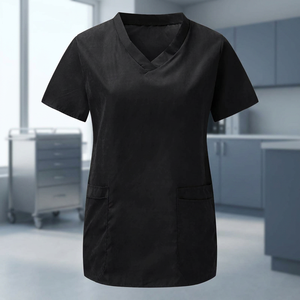 Blouse de travail noire à col en V pour femmes avec deux poches avant, uniforme d'hôpital, tissu tissé en coton et polyester - Product Image 3