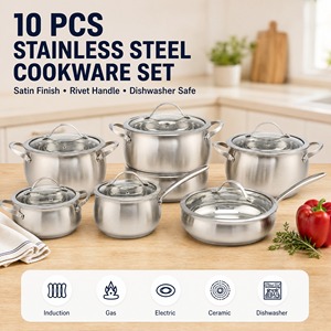 Ensemble de 10 ustensiles de cuisine en acier inoxydable, finition satinée, couvercles en verre trempé, poignées rivetées en acier inoxydable, compatible gaz, induction, électrique, vitrocéramique, lave-vaisselle - Product Image 1