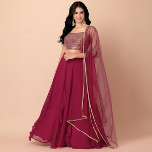 Conjunto de Lehenga Choli de Gasa Georgette Rosa Sólido con Falda con Volantes y Dupatta, Traje Nupcial Bordado para Fiesta - Product Image 1