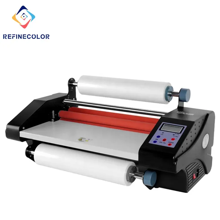 Refinecolor डिजिटल रोल करने के लिए रोल Laminator डबल साइड स्वचालित समायोजित तापमान 37cm चौड़ाई फिल्म गर्म ठंड Laminating मशीन