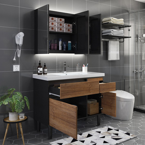 Mueble de Baño Moderno de Madera con Espejo Redondo LED, Venta al por Mayor de Fábrica, Gabinetes de Baño con <span class=keywords><strong>Lavabo</strong></span> de Cerámica Integrado - Product Image 2