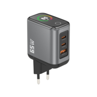 Chargeur mural GaN 65W avec prise EU, charge rapide PD, 2 ports Type-C, 1 port USB-A, avec écran numérique intelligent TFT, adaptateur pour téléphone portable, écouteurs, tablette