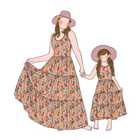 Ensemble de Robes Longues Tourbillonnantes Personnalisées Vintage Imprimées Sans Manches Maman et Moi pour Vacances d'Été, Tenue Quotidienne Famille