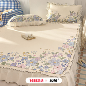 Princess Style Floral Print Ice Silk Cooling Mat 1.2m 1.5m 1.8m 2.0m Summer <b>Bedding</b> With Lace Trim - Product Image 1
