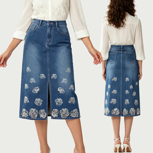<span class=keywords><strong>Jupe</strong></span> longue en <span class=keywords><strong>jean</strong></span> brodée à motif floral et découpe rose élégante pour femme, taille haute, fente latérale, en denim premium - Product Image 1