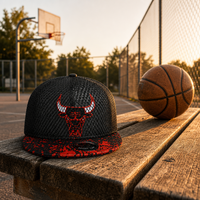 Topi Snapback Gaya Hip Hop Street Style, Bahan Twill, Pinggiran Datar, Bordir Kepala Banteng, Bagian Belakang Berjaring, 7 Lubang, Tali Plastik yang Dapat Disesuaikan