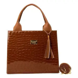 Bolso de Mano para Mujer Fana Alejandra, Color Camel, PU con Patrón de Cocodrilo, Decoración de Borlas, Forma de Cruz, Dos Correas, Uso Diario - Product Image 3