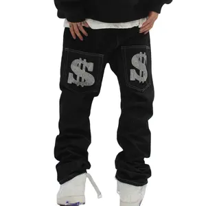 Jeans anak laki-laki motif tanda dolar, CELANA Jin lurus modis gaya Hiphop