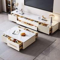 Ensemble Table Basse et Meuble TV en Pierre Frittée et Métal, Console Multimédia Moderne Rainurée avec Tiroirs de Rangement, Meuble de Salon Luxe Léger