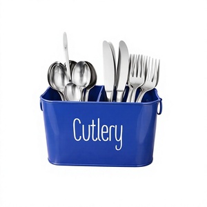 Blue Rectangular Metal Cutlery Storage Holder with "Cutlery" <b>Label</b> for <b>Kitchen</b> Use - Product Image 1