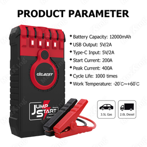 <strong>12V</strong> 12000mAh Lithium <strong>Battery</strong> <strong>Booster</strong> Pack 400A Peak 1000+ Recharge Cycles Compact Design Motorcycle Jump Starter - Product Image 2