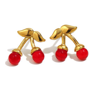 Pendientes de tuerca de cereza de acero inoxidable chapados en oro para mujer, joyería de moda <span class=keywords><strong>E476</strong></span> - Product Image 2