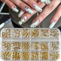 12 Grilles de Breloques pour Ongles Y2K Punk, Rivets Métalliques Punk / Gothique / Rock, Strass Vintage, Décoration de Manucure en Alliage et Strass