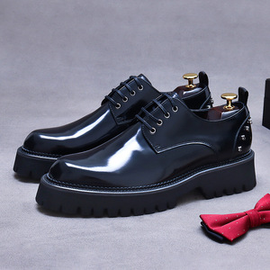 Zapatos de cuero para hombre estilo coreano, tipo derby, de negocios, con suela gruesa, de cuero brillante, elegantes, con ribete cosido, de talla grande. - Product Image 3