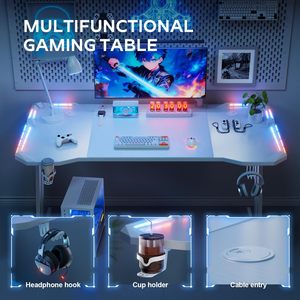 Tavolo da Gaming a Forma di Z in Metallo e PU con Portabicchieri LED RGB Regolabile, Scrivania per Computer Bianca - Product Image 5