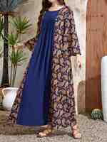 Robe pour femmes du Moyen-Orient, robe musulmane imprimée, robe décontractée à manches évasées et patchwork pour femmes