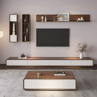 Table de télévision murale en noyer au design minimaliste moderne Meuble de télévision en bois avec tiroirs de rangement et étagère Table basse