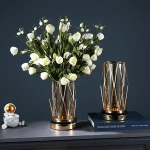 Luxury Gold Iron Round Vases Glass Holder Home Decor Desktop Glass Vase Hydroponic Flower Geometric Metal Frame Flower Vase