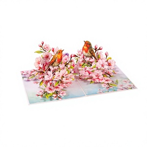 Carte de vœux 3D artisanale Viet-craft en carton, motif fleur de cerisier et oiseau, origine Hanoï, vente en gros - Product Image 1