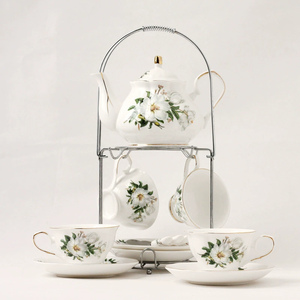 Gran oferta, juego de té de cerámica de lujo, taza y platillo de porcelana, tetera con soporte de hierro, juegos de <span class=keywords><strong>café</strong></span> y té - Product Image 4