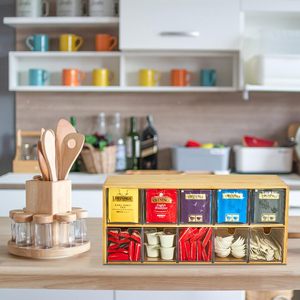 Boîte de rangement en bois pour sachets de thé, compartiment en acrylique transparent, organisateur de bureau pour sachets de café et de thé, utilisation sur comptoir de cuisine - Product Image 1