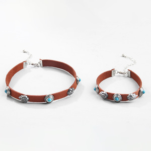 European American Retro <b>Choker</b> Brown Leather Flame Turquoise Stone Bohemian Style Party Necklace - Product Image 3