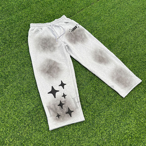 Pantalones de chándal holgados con cordón y estampado de soplo de color en aerosol lavados sucios grises Terry de alta calidad para hombre OEM - Product Image 1