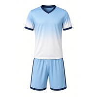 Maillot de football pour homme, col en V, manches courtes, dégradé bleu et blanc, évacuation de l'humidité, 100% polyester, coupe régulière pour adulte