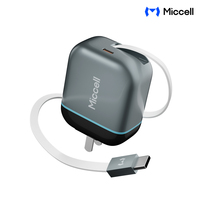 Chargeur GaN 67W Miccell, Prises US/UK/EU, Câble rétractable 1m, Charge rapide pour tous les smartphones.
