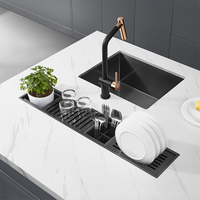 Évier de cuisine multifonctionnel en acier inoxydable noir nano fait à la main avec égouttoir