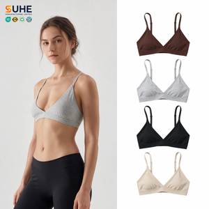 SUHE High Stretch Cotton Spandex Triangle Thin Breathable V Neck Wire Free Women's Halter Soft Yoga Bra One-piece Quick Dry - Product Image 1