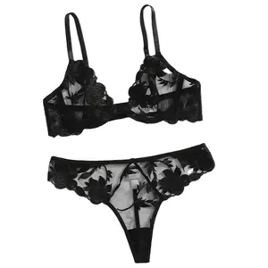 Importiert aus Lenceria Verstellbares schwarzes und transparentes Spitzen-BH-Set für reife Frauen Sexy Sheer Embroidered Dessous