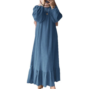 Elegante Nuovo <span class=keywords><strong>Abito</strong></span> Estivo alla Moda per Donne Musulmane, Vestito <span class=keywords><strong>Lungo</strong></span> Retrò <span class=keywords><strong>a</strong></span> <span class=keywords><strong>Maniche</strong></span> <span class=keywords><strong>Lunghe</strong></span> con Orlo Arricciato, Gonna Lunga Monocolore - Product Image 5