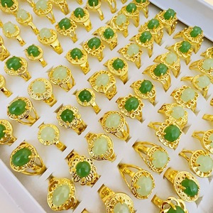 100 peças de Anel Floral Simples em Ouro e Prata com Imitação de Pedra de Jade Verde, Cristal Oval e Quartzo, Estilo Boêmio para Mulheres - Product Image 1