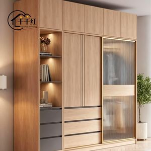 Armoire à portes coulissantes pour chambre à coucher, style moderne et simple, pour petit appartement, couleur bois naturel, <span class=keywords><strong>porte</strong></span> en verre, grand <span class=keywords><strong>placard</strong></span> - Product Image 1