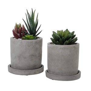 Rustic Cylinder <strong>Cement</strong> Planter Pot with Square Bamboo <strong>Tray</strong> - Product Image 3