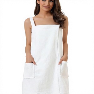 <b>White</b> Cotton Wearable Bath <b>Towel</b> Dress With Pockets Machine Washable Adult Solid Color Rectangle Shape - Product Image 3