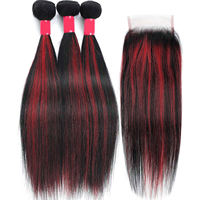 Extensions de cheveux humains vierges bruts vietnamiens, lisses, avec closure en dentelle à cuticules alignées, mèches ombrées 1B/99J rouge bordeaux avec mèches