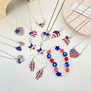 American Diamond Wings Love Pendant Clavicle Chain Necklace USA Flag Necklace Earring Sets Jewel Of INS Independence Day Gifts